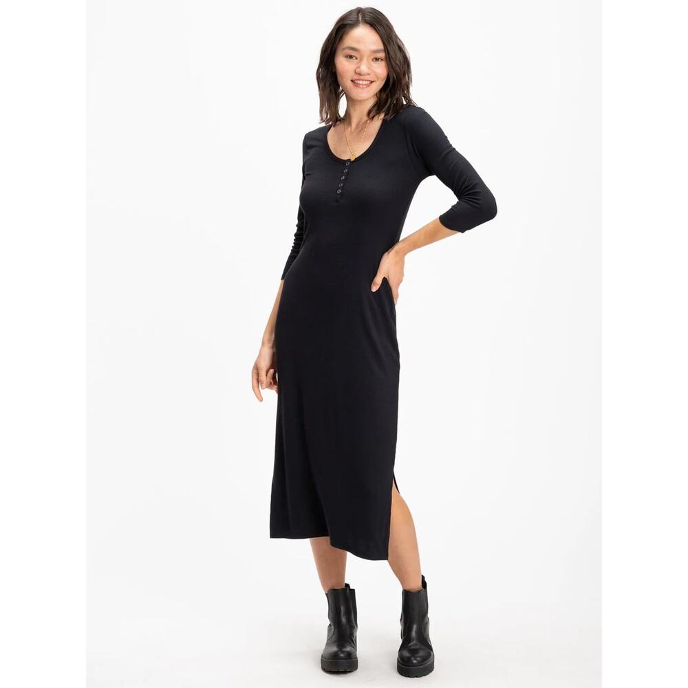 Threads 4 Thought Lois Feather Rib Henley Dress L Scoop Neck 3/4 Sleeve Midi NWT
